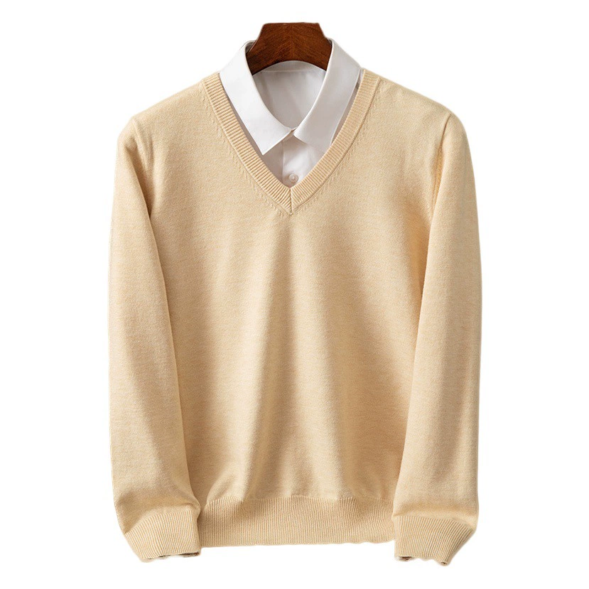 Осенне-зимний трикотаж Мужской пуловер с V-образным вырезом Базовая рубашка Повседневная деловая трикотажная одежда Свободный модный однотонный свитер с длинным рукавом
