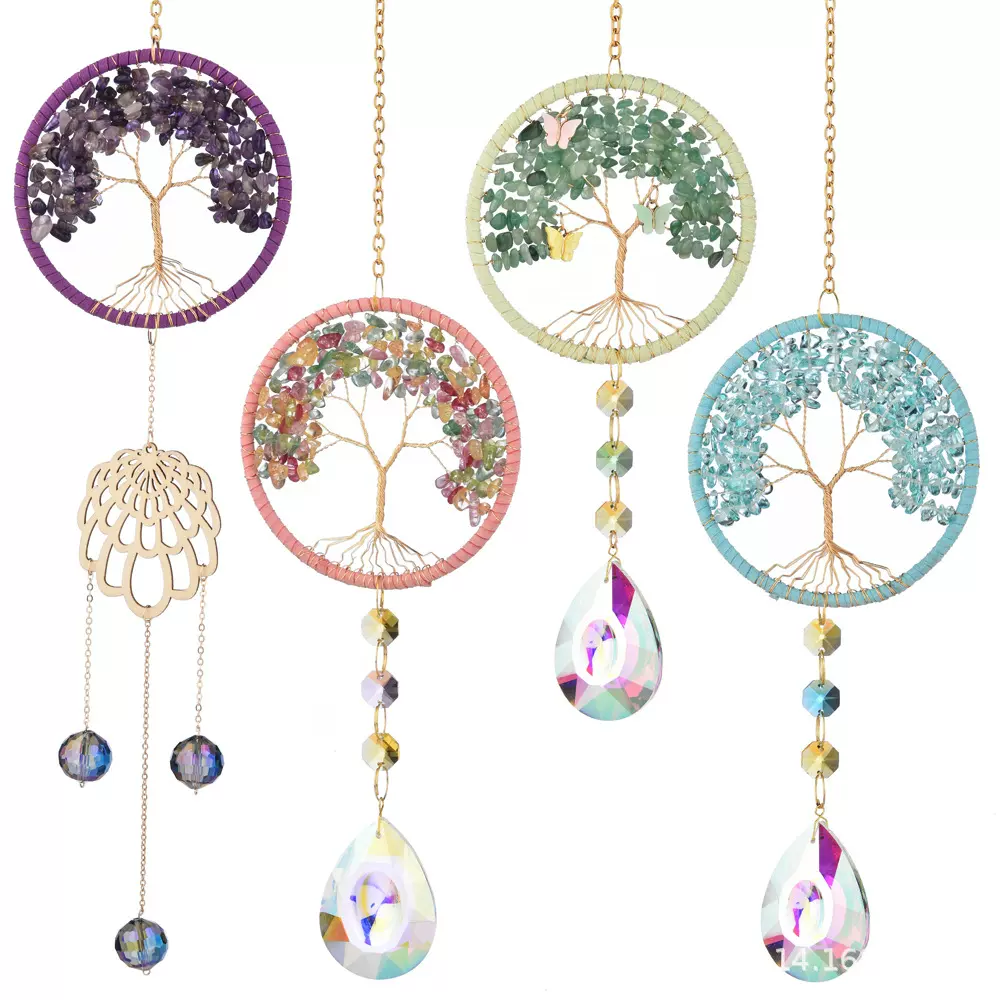 新款家居装饰挂件JOJO设计四色天然水晶生命树太阳捕手水晶风铃