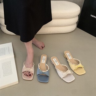 Fairy Style Bow Sandals Outer Wear 2025 Summer New Style Square Head French Thick Heel Skirt Slippers