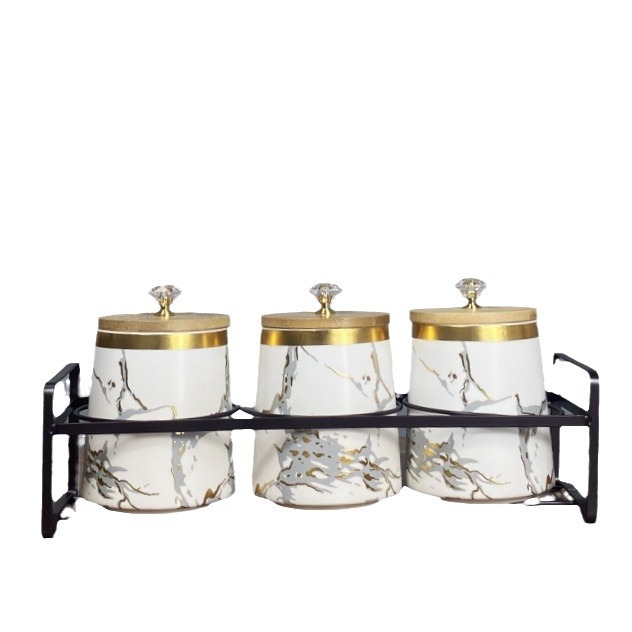 Tanque de condimento de cerámica, tanque de sellado de cocina nórdica, cubierta de madera, tanque de almacenamiento de granos domésticos, conjunto de tanques de almacenamiento de cerámica de lujo ligero