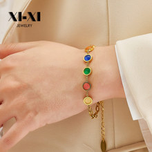 欧美跨境新品彩色猫眼石钛钢手链真空电镀不锈钢复古ins手环批发