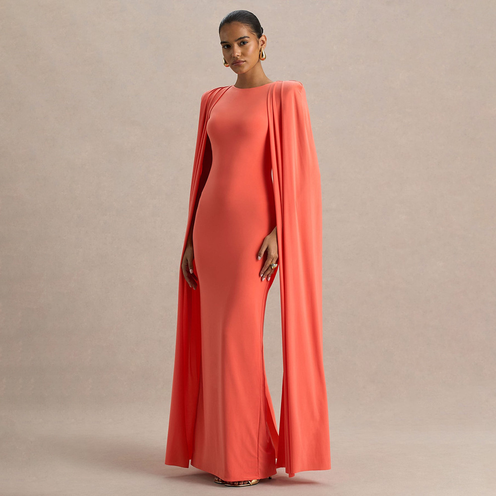 Elegant Women's Party Dress With Pleated Cape - Round Neck Solid Color Maxi Dress For Banquet & Evening Occasions_ecoleips.com