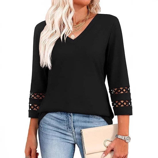 2025 Amazon Summer New 3/4 Sleeve Hollow Cuff Women's Top Elegant Commuter V-Neck T-Shirt Summer Women