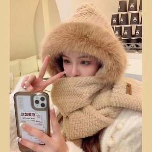 Autumn and Winter Women's Thickeneded Warm Embossed Plush Hat, Scarf and Gloves One-Piece Three-Piece Set with Ear Protection and Cold Protection for Students Fleece-Lined