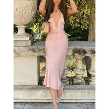 U 13075 Satin lace panel midi dress ������˿ƴ���г�ȹ