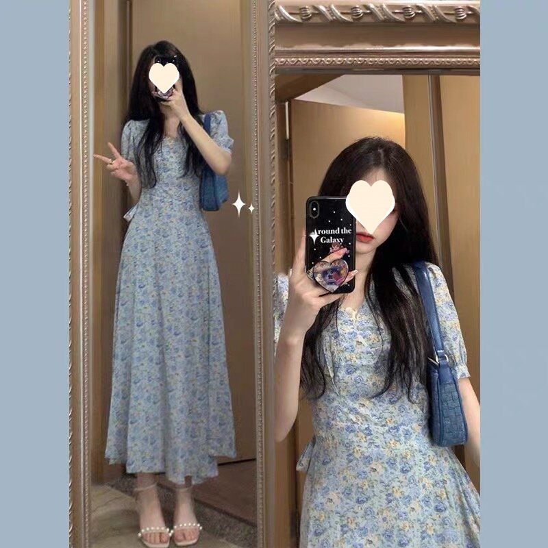 夏の初恋ワンピースティーブレイク美しいドレス女性のためのシックなニッチアートミルクスイート花柄ロングドレス女性のための|undefined