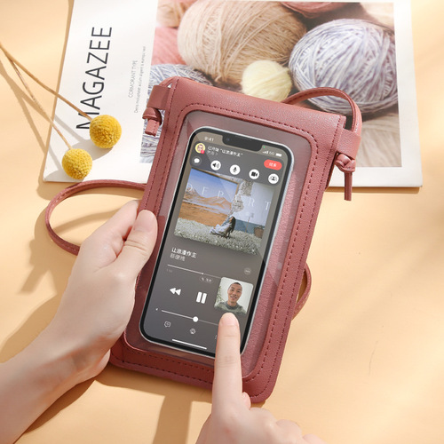 New cross-body mobile phone bag transparent touch screen mobile phone wallet female retro student solid color love buckle small wallet