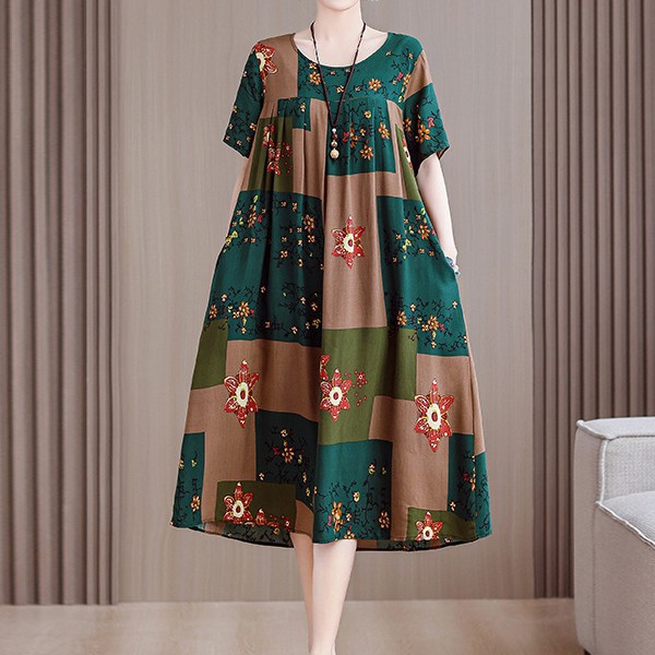 2025 New Summer Cotton Dress for Mothers and Seniors - Loose Fit Plus Size Long Dress for Outerwear