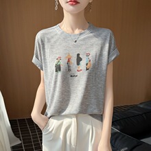 2026年春夏新款精纺圆领针织衫短袖女印花女孩宽松套头T恤上衣
