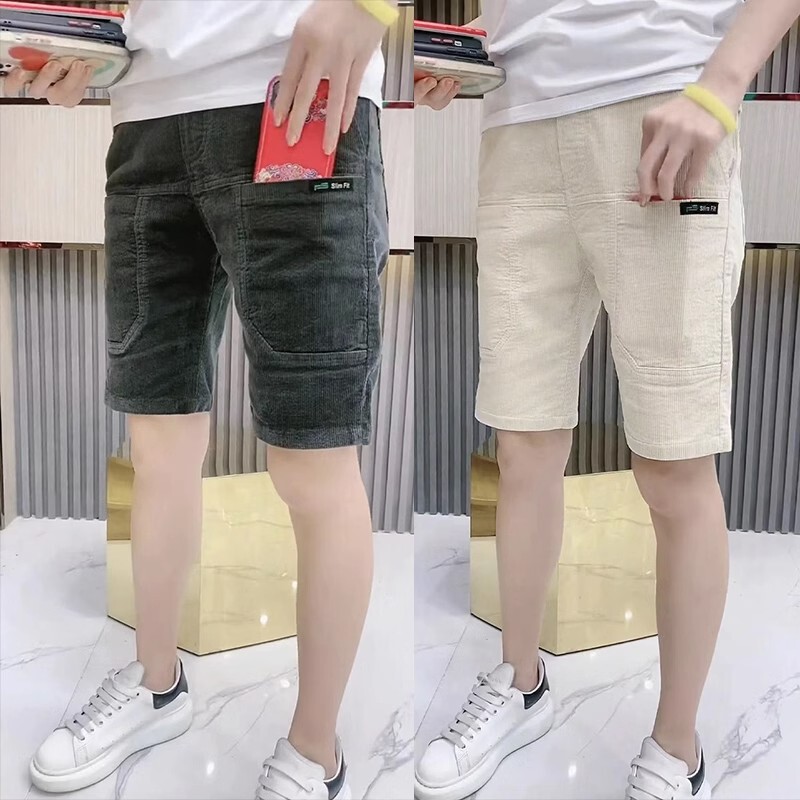 Summer Thin Casual Corduroy Shorts for Men Versatile Straight Five-Point Pants Korean Style Trendy Youth Six-Pocket Cargo Pants