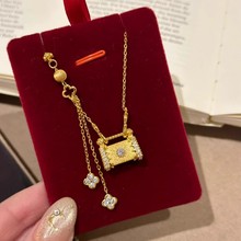 古法国潮风镶钻四叶草长命锁项链女复古花丝如意锁包吊坠女