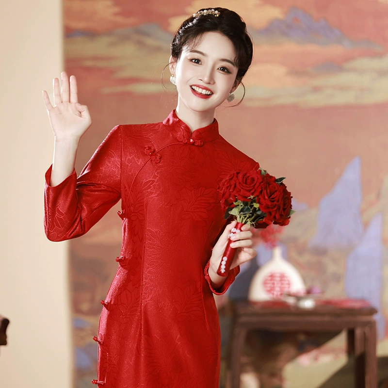 2023 осень и зима новый красный композитный жаккардовый длинный Чонсам художественное праздничное обручальное платье в китайском стиле чонсам