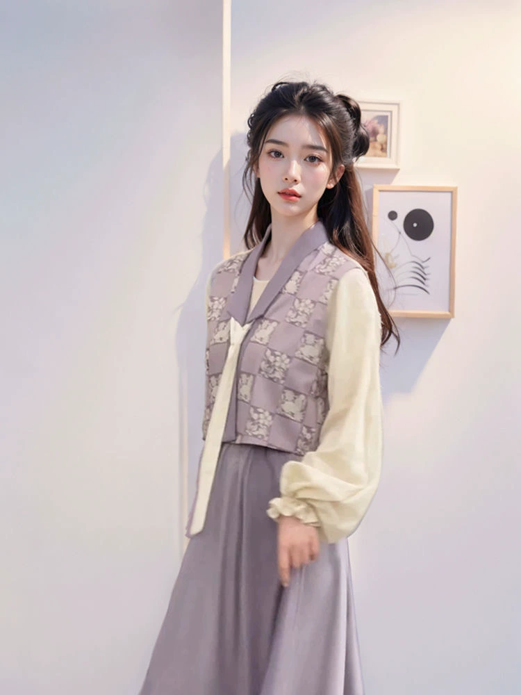 Taro Milk Tea Daily Tang Style Красивая рубашка Hanfu Tang Cheongsam с длинным рукавом и круглым вырезом, юбка из восьми частей, женский китайский комплект из трех предметов