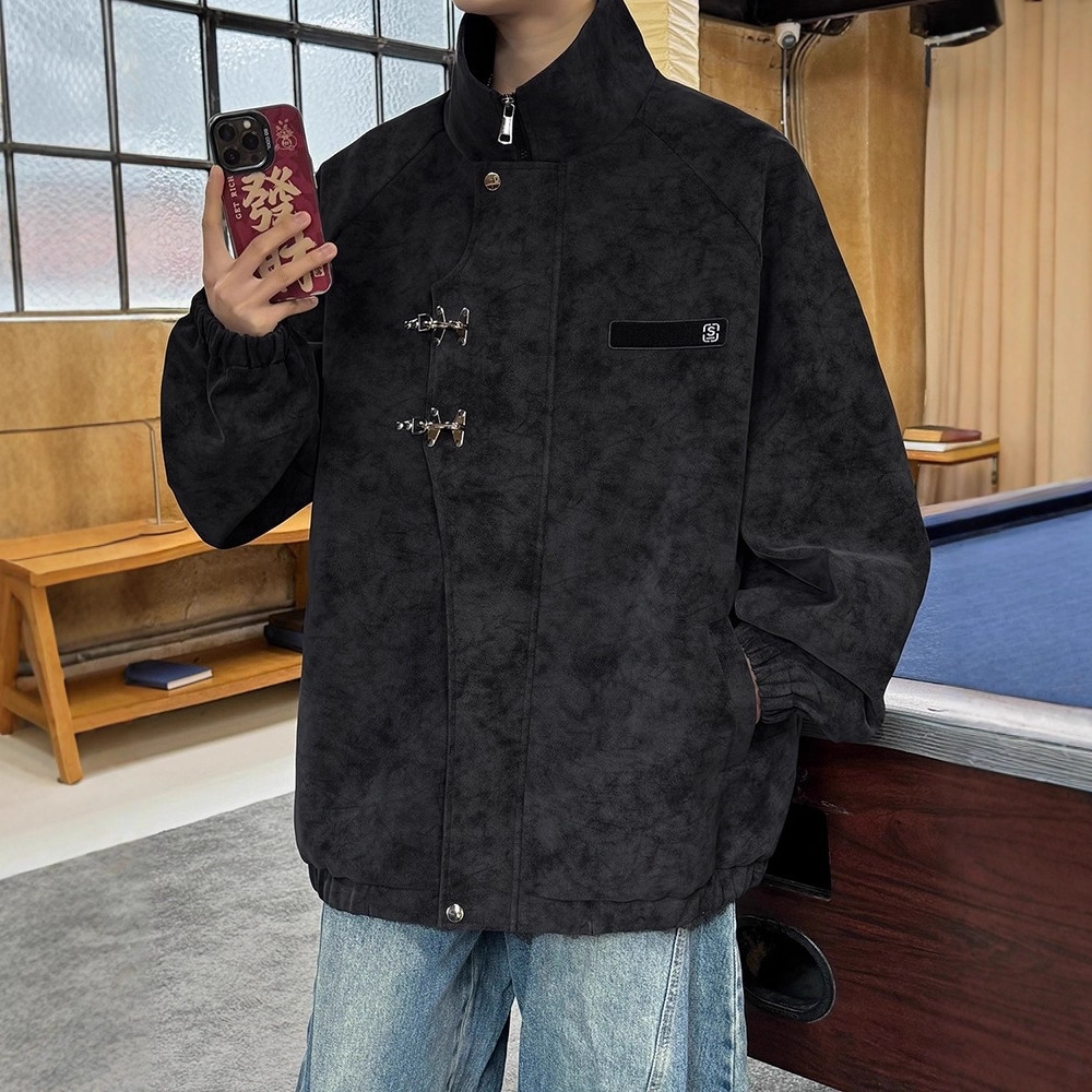 American High Street Buckle Locomotive Pu chaqueta de cuero hombre marca de invierno y otoño suelta retro alta sensación de abrigo de cuero de cuello vertical