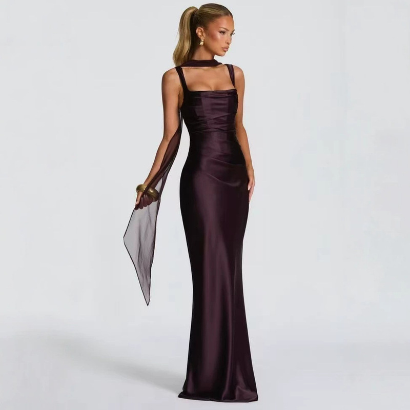 Square Neck, Clavicle-Exposing, Long Dress with Straps for Women, Solid Color, Slim Fit, Ruched Waist, Fishbone Tie, Ribbon, Fishtail Dress