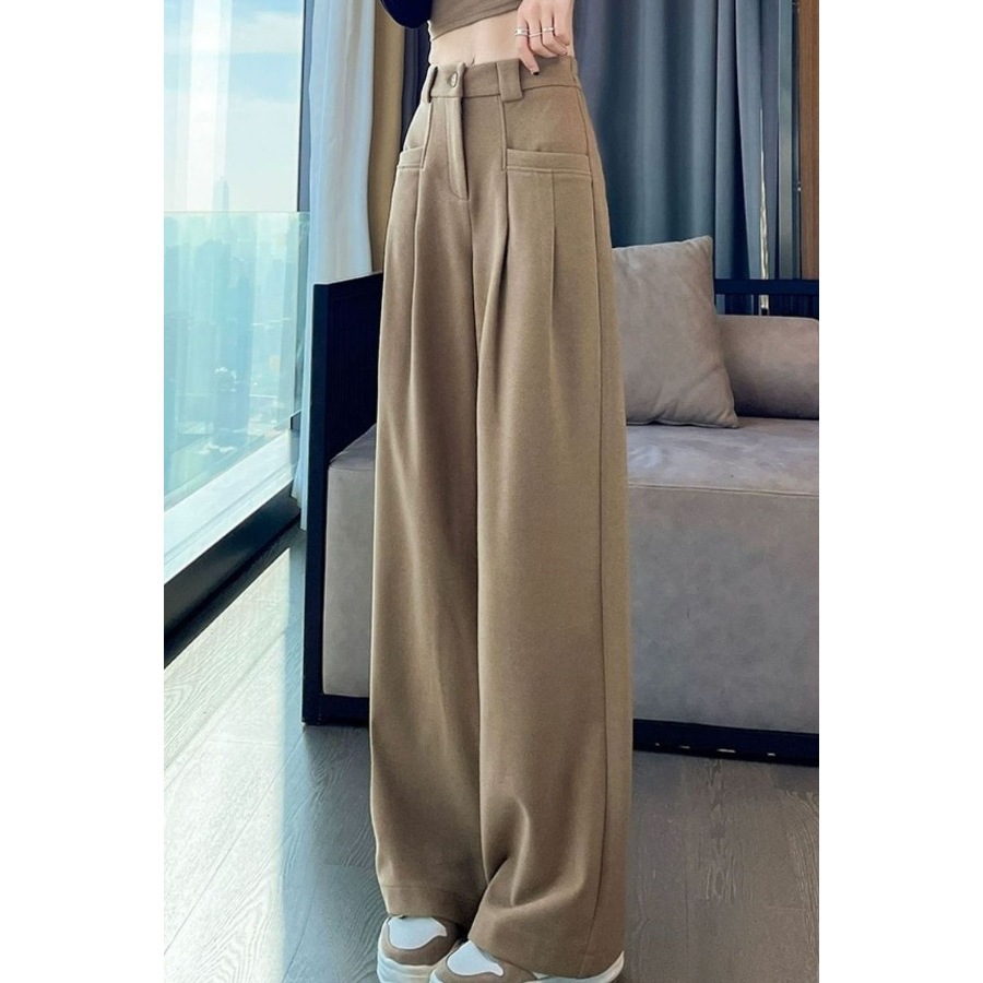 毛呢裤女秋冬新款加厚高腰显瘦直筒裤松紧腰女裤休闲裤宽松阔腿裤