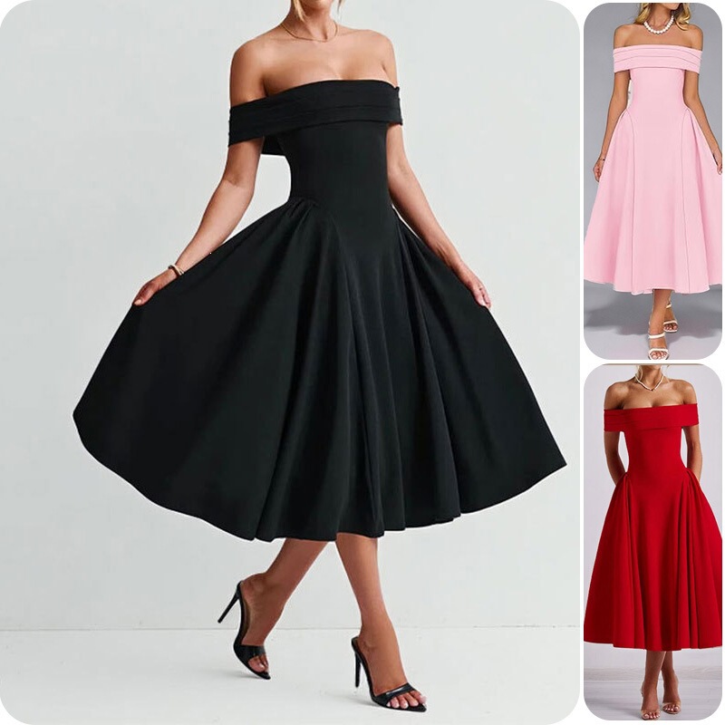 2026 New Summer Women's Clothing, Cross-Border European and American Style Dress, Elegant Solid Color Off-The-Shoulder Pleated Long Dress
