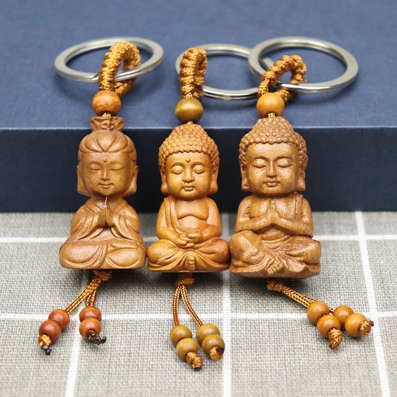 Peach Wood Buddha Keychain Pendant Wooden Shakyamuni Buddha Key Ring Guanyin Bodhisattva Pendant Car Key Bag Accessory