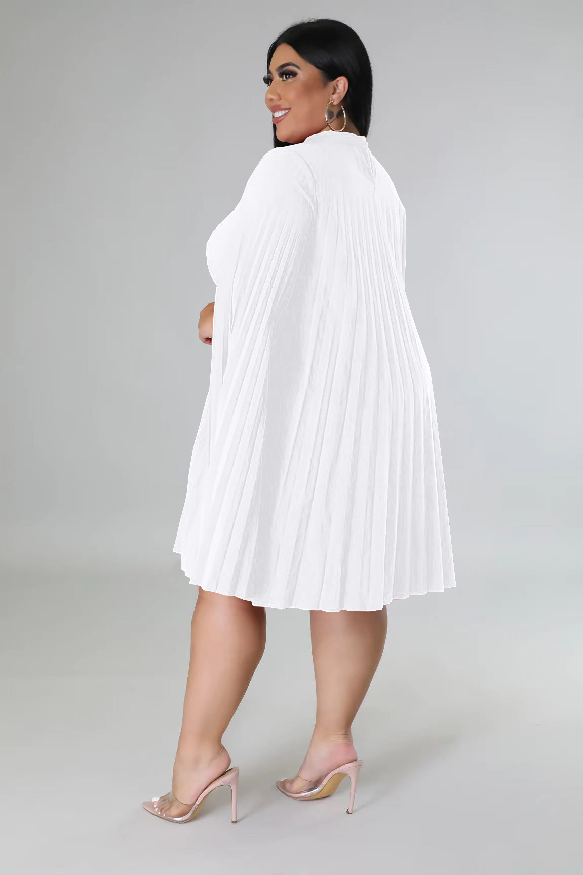 Fashion Solid Color Round Neck Long Sleeve Patchwork Polyester Plus Size Knee-Length Pleated Skirt