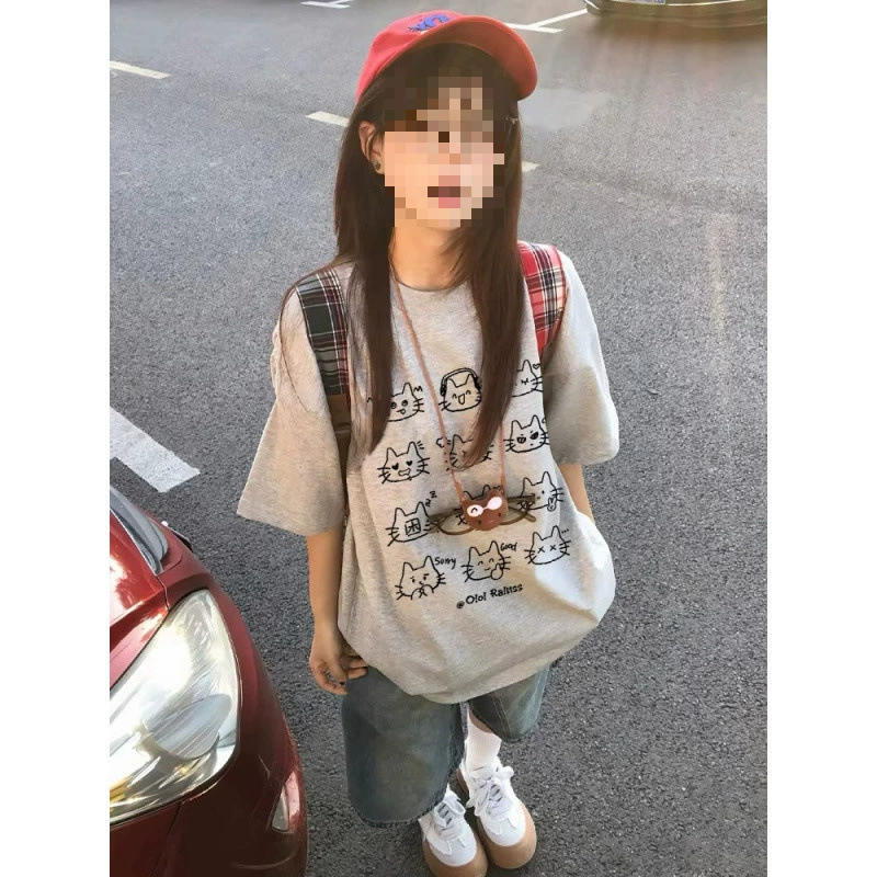 YS821 чистый хлопок-210 г 100% хлопок летняя одежда ленивая свободная футболка с короткими рукавами с мультяшным принтом в корейском стиле