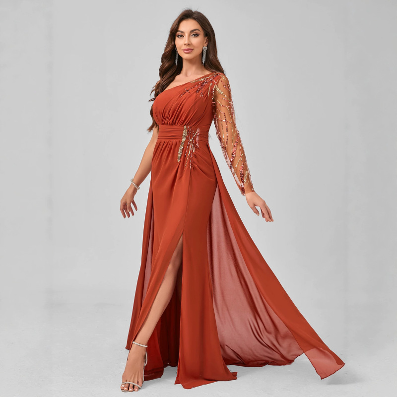 2026 New Style One-Shoulder Long-Sleeve Evening Gown with Heavy Crystal Embellishments, European and American Style, Slit Hem, Floor-Length, Elegant Party Dress