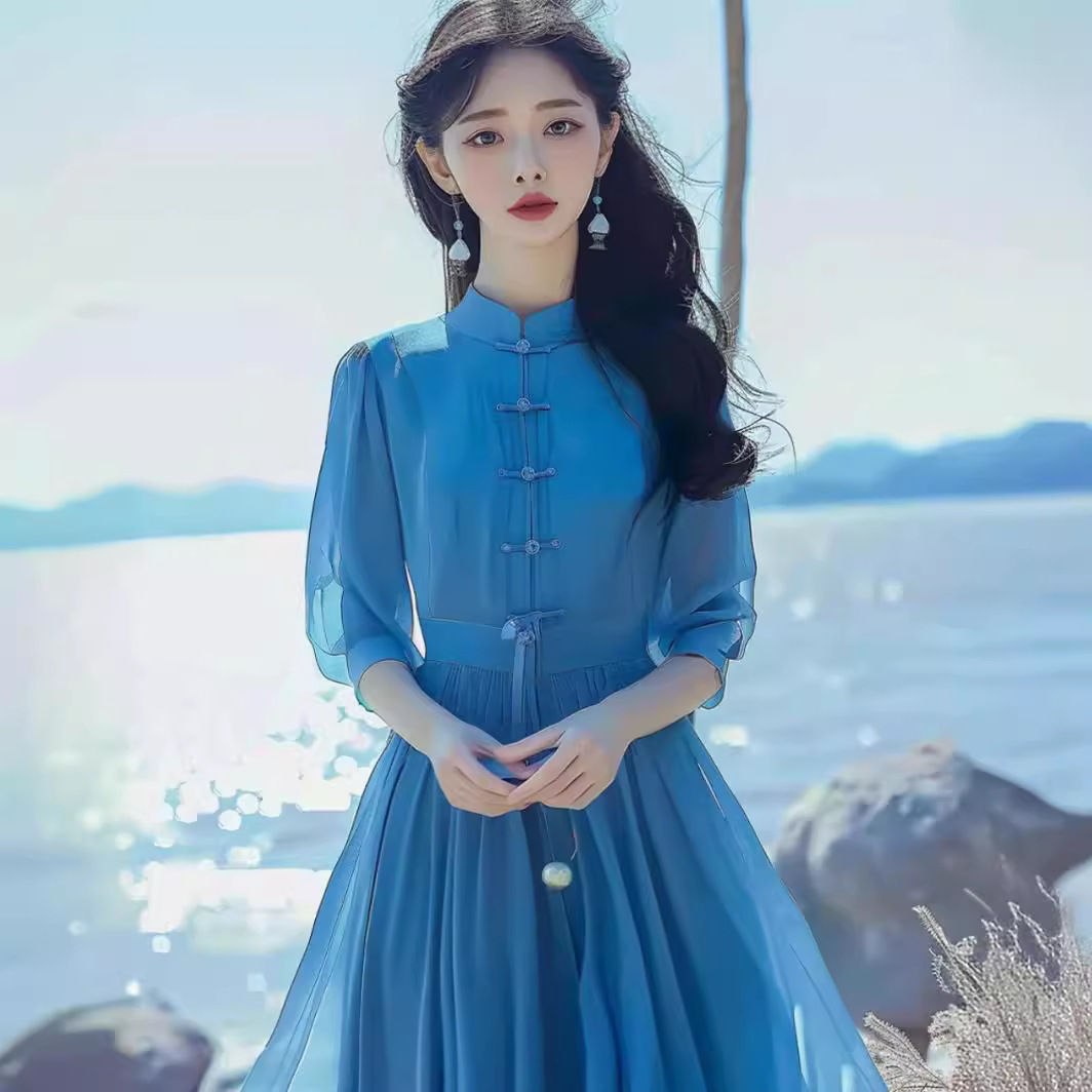 Đầm maxi nữ phong cách Trung Hoa nhẹ nhàng, sườn xám cách tân mùa hè, tay ngắn, thắt eo — Màu xanh lam