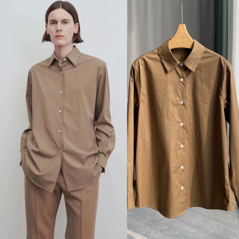 Retro Modern Deep khaki Yuan Quan same style earth brown long sleeve cotton shirt