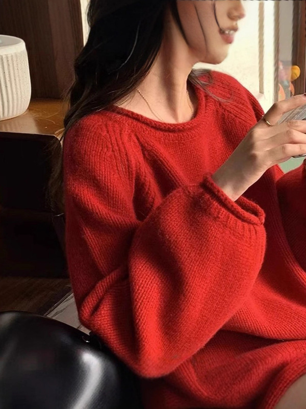 法式洋气黄色针织衫毛衣套头2025新款女早秋粗棒针宽松慵懒风上衣|undefined