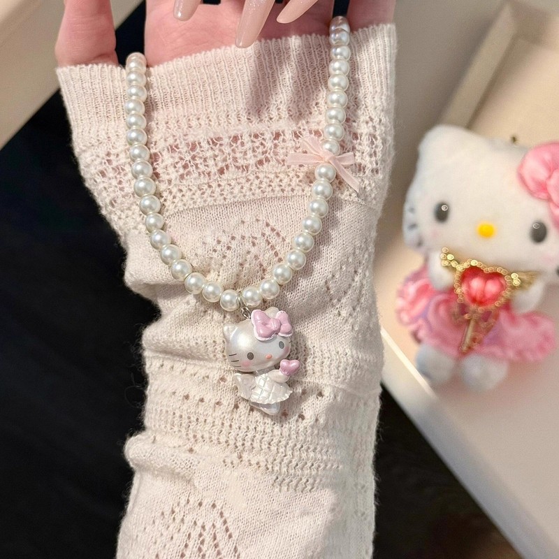 可爱粉色系带蝴蝶结KT猫坠珍珠项链少女心甜美精致通勤百搭锁骨链|undefined