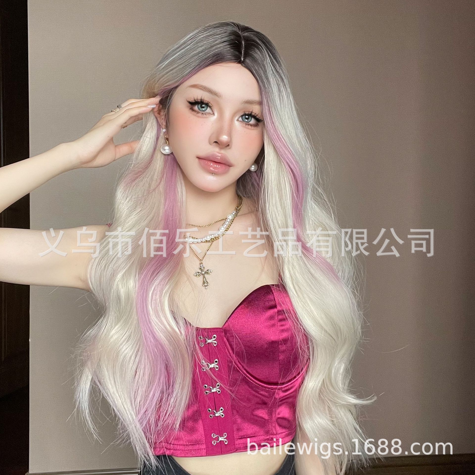 Gradiente dorado teñido rosa peluca cabello de cabello de cabello de fibra química de cabello de cabello de mujer al por mayor transfronterizo image 3