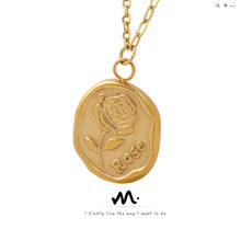 欧美轻奢圆牌玫瑰花梦幻锁骨链小众设计感钛钢镀真金项链艺术怪诞