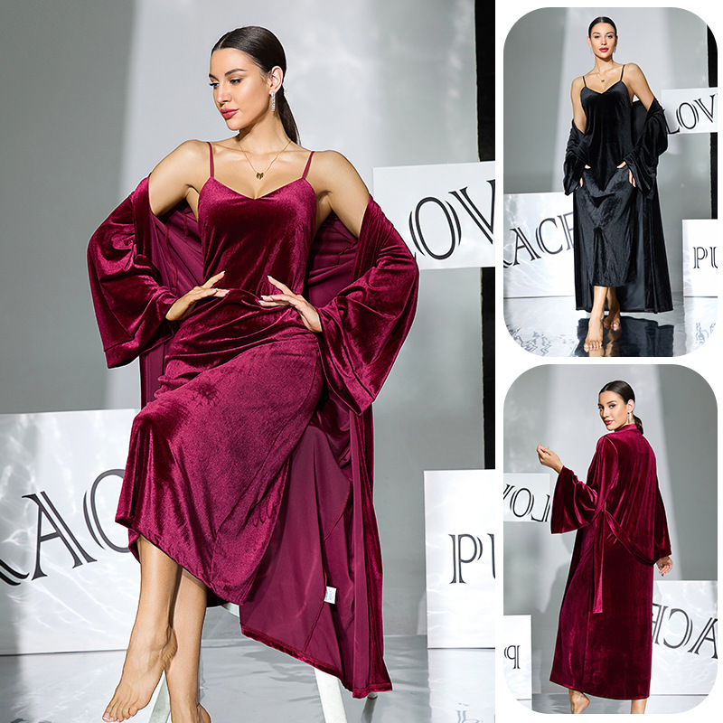French-style vintage, luxurious velvet pajama set for women, featuring a long robe and a long slip dress, a two-piece loungewear set, style 1165 French-style vintage, luxurious velvet pajama set for women, featuring a long robe and a long slip dress, a two-piece loungewear set, style 1165