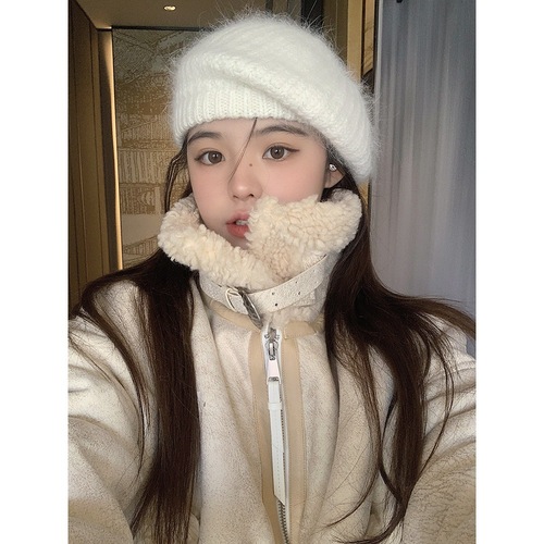 Japanese style large version small face knitted hat big head circumference beret women winter long rabbit fur warm plush painter hat fashion