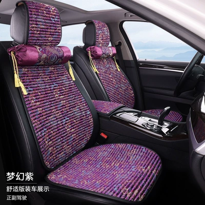 All Seasons, Linen Seat Cushion, Seat cushion, seat cover - dreamy-purple-embroidered-driver-passenger-2-seater-set-with-2-lumbar-pillows-2-neck-pillows-comfort-edition