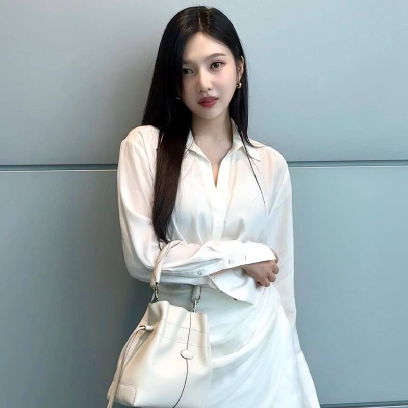 25 Early Spring New Sexy Elegant White Satin Asymmetric Pleated V Neck Shirt Wrap Dress for Women 25 Early Spring New Sexy Elegant White Satin Asymmetric Pleated V Neck Shirt Wrap Dress for Women