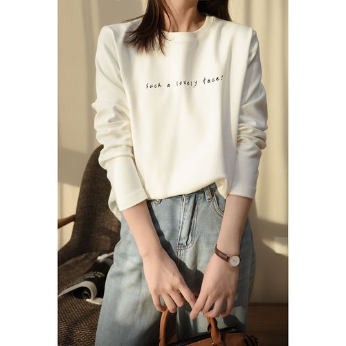 Double-sided white faux fur padded new autumn and winter letter print long-sleeve Korean-style loose slimming round neck base top