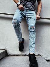 2022欧美潮流男式牛仔裤膝盖大破洞休闲男士修身弹力小脚裤自拍图