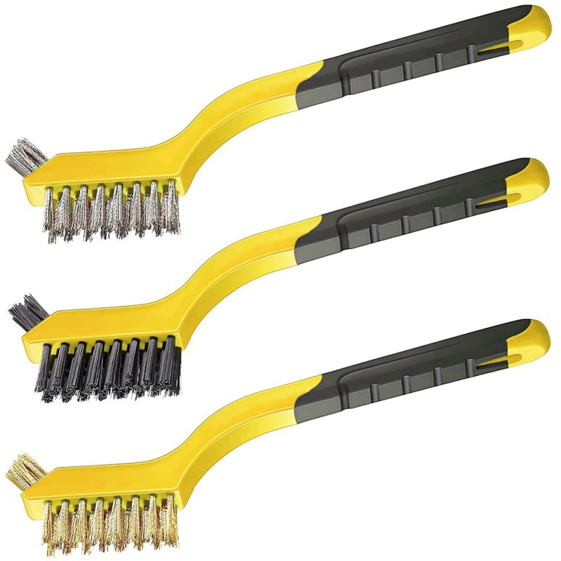 3件套钢丝刷套装尼龙/黄铜/不锈钢刷毛,带弧形手柄,生锈油漆磨砂