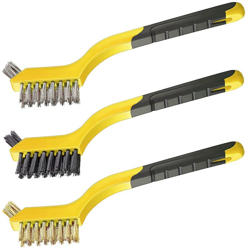 3-piece set of wire brush suit nylon/brass/stainless steel bristles, with curved handle, rusty paint matte