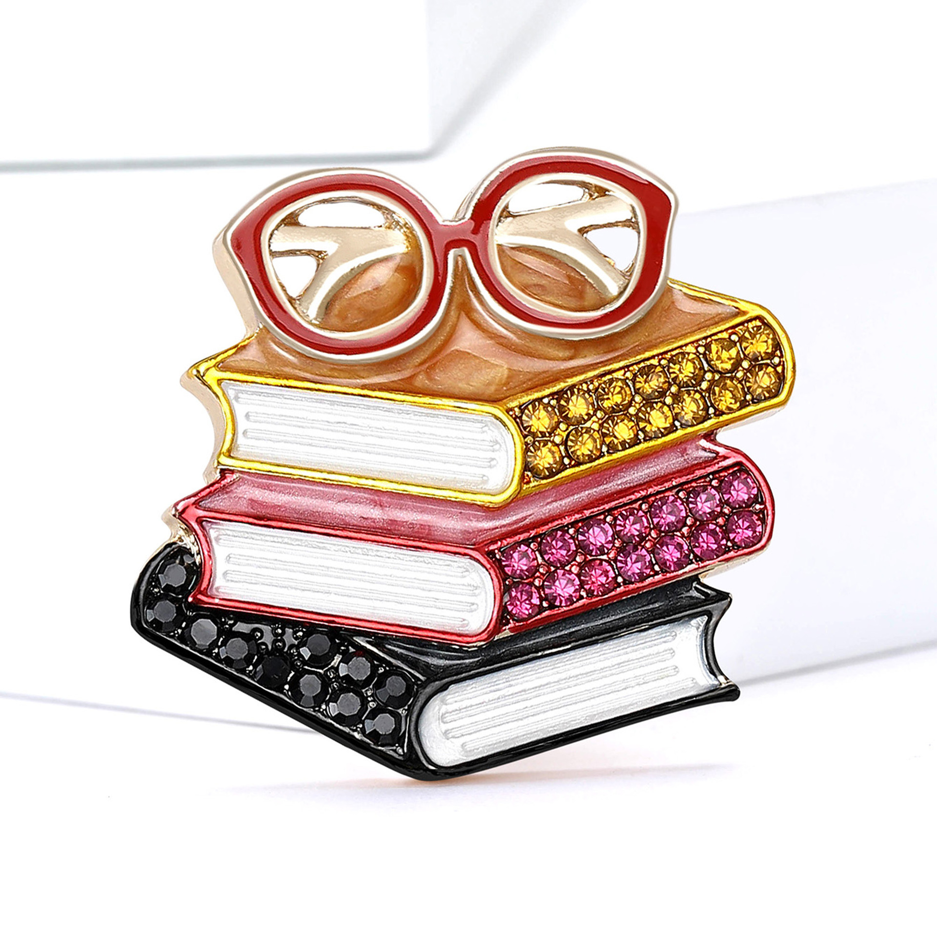 European and American New Enamel Rhinestone Three-Book Glasses-Shaped Brooch Exquisite Men's and Women's Clothing Corsage Jewelry Pin