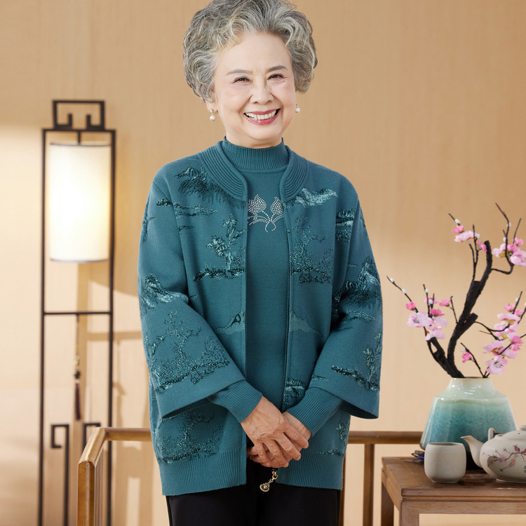 中老年人秋装女老人奶奶衣服妈妈装秋季新款两件套针织衫毛衣外套|undefined