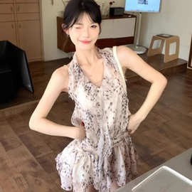 法式纯欲风豹纹荷叶边系带V领无袖宽松衬衫女春夏季新款短裙上衣