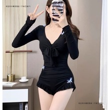 深圳发泳衣女款泡温泉黑色长袖性感钢托聚拢连体收腰显瘦两件套