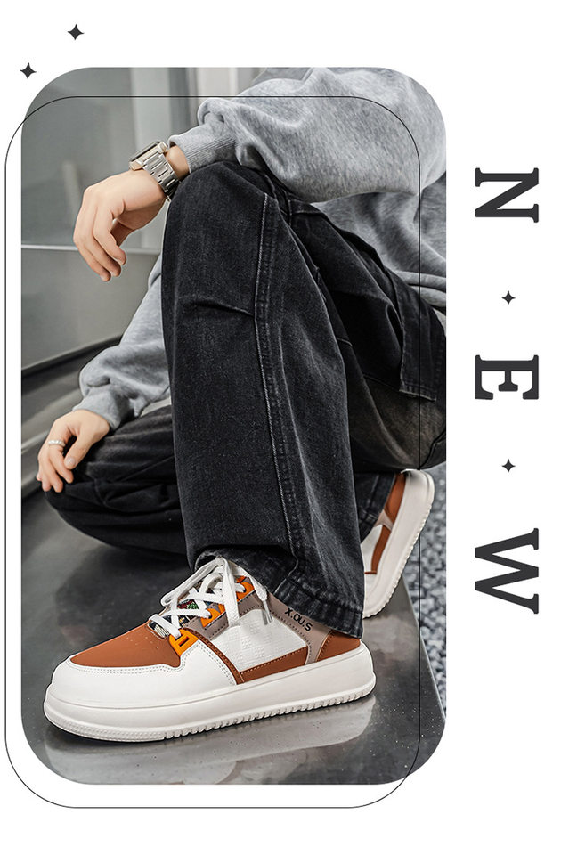 Giày sneaker cổ thấp mũi tròn rộng, đế dày tăng chiều cao, mặt da chống nước, dây buộc — Bạch tửu đỏ 8811, Trắng kaki 8811, Trắng đen 8811 chi tiết 2