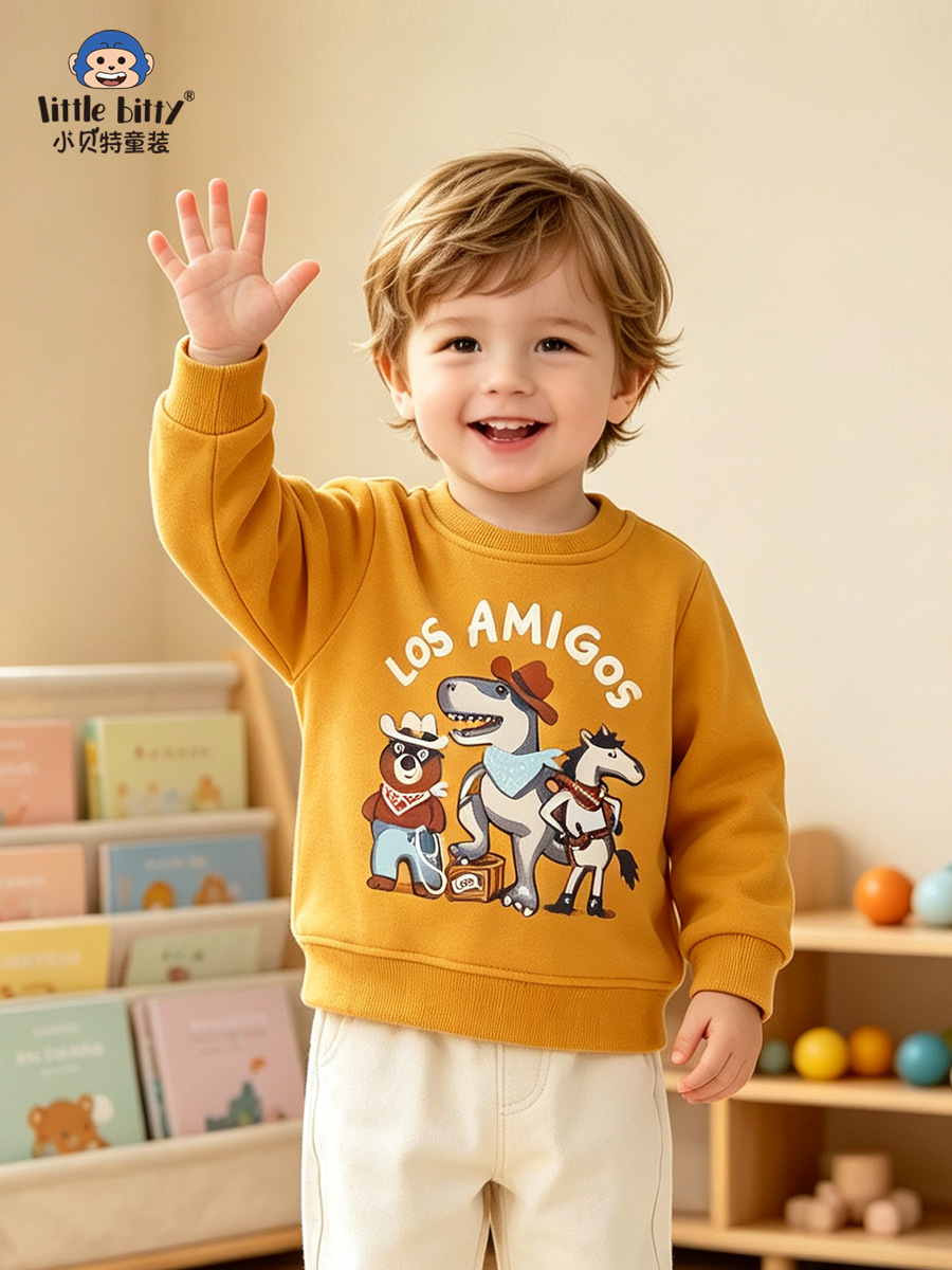 European and American style 2026 autumn and winter boys' sweatshirt, fashionable animal print crew neck sweatshirt for toddlers and young children