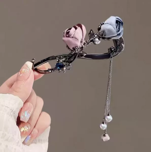 New Chinese-Style Rose Tassel Hairpin, Vintage Faux Pearl Twist Clip, Back-Of-Head Updo Flower Claw Clip Hair Accessory for Stray Hair