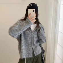 韩版休闲翻领双拉链针织开衫女秋冬新款复古百搭宽松加厚上衣外套