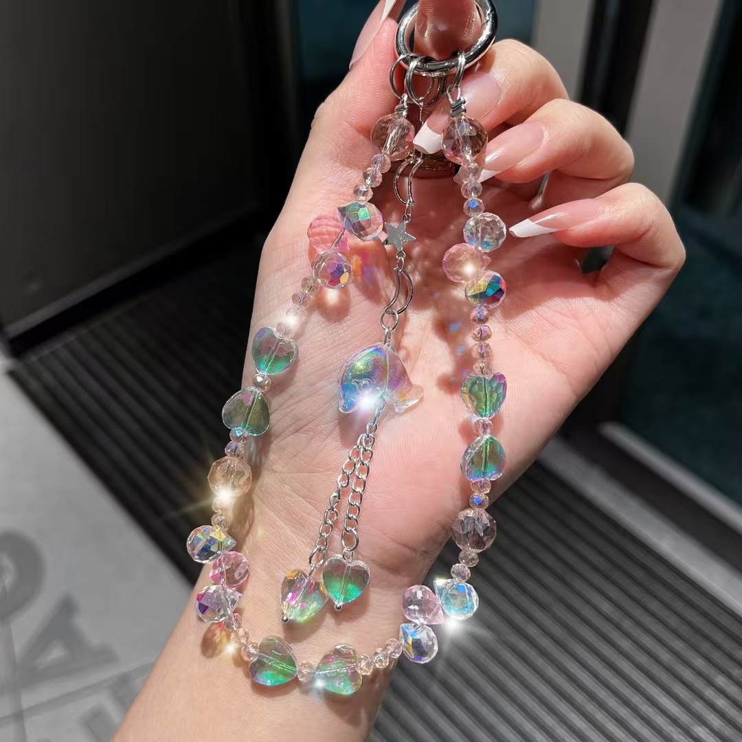 Cuerdas de muñeca corta de teléfono móvil cuerdas de muñeca personales creativas cuentas de diamante pequeños delfines hechos a mano perlas colgante lujoso ligero