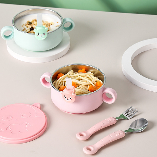 婴儿辅食研磨碗儿童316不锈钢吸盘碗吃饭勺子专用碗带吸盘吸管碗