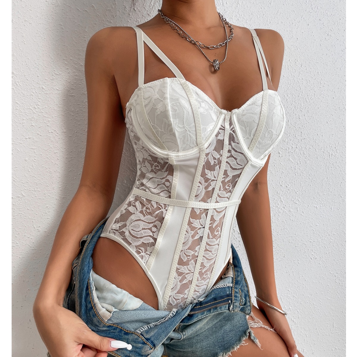 2022 verano nueva venta caliente del comercio exterior sexy encaje costura nicho de la calle estilo chica mono en stock 8003